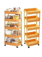 Pair of yellow 5-tier plastic storage trolleys with open shelves and caster wheels