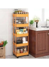 Yellow 5-tier plastic storage trolley with open shelves and caster wheels for kitchen items