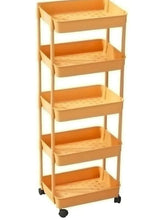 Yellow 5-tier plastic storage trolley with open shelves and caster wheels