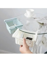 Pair of refrigerator organizer bins, white vented plastic with rails for easy placement