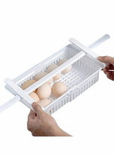 Refrigerator food storage organizer bin with divider, holds eggs; white vented plastic