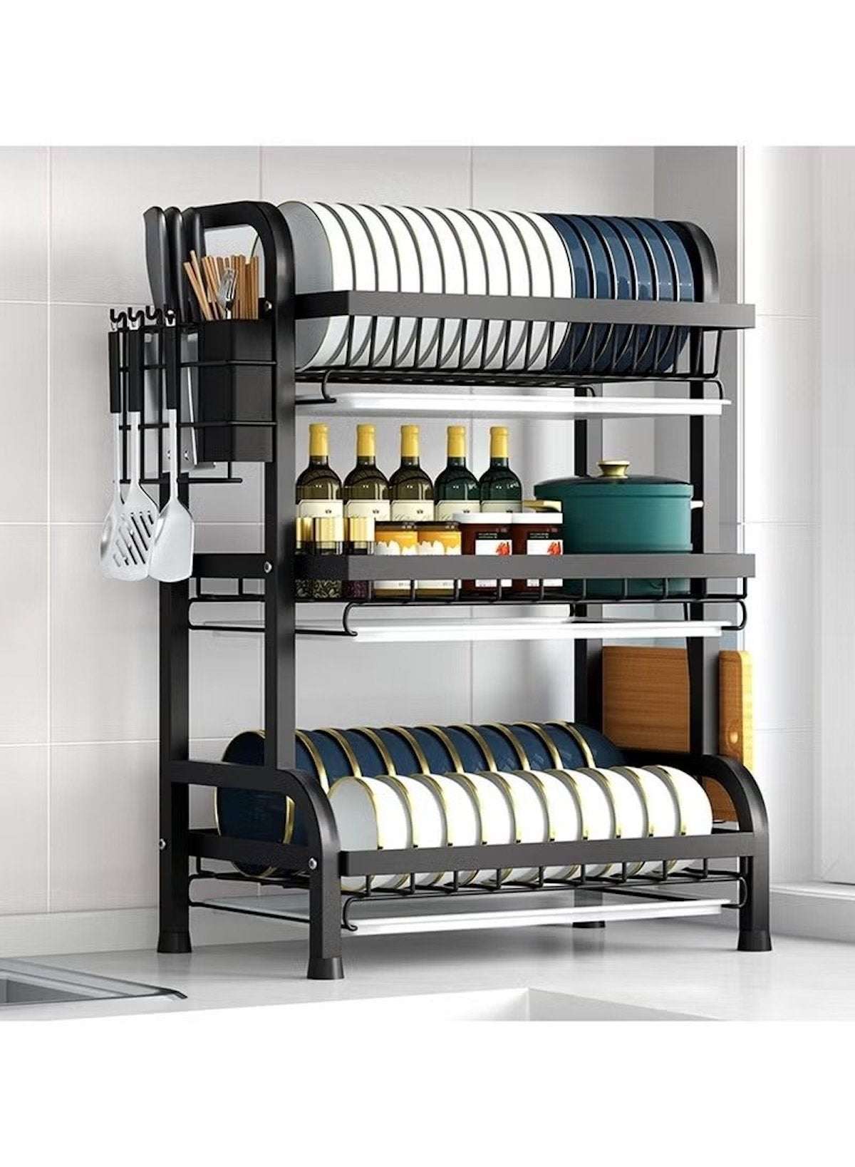 Dual-Layer Carbon Steel Dish Drying Rack with Drain Board & Utensil Holder – Black