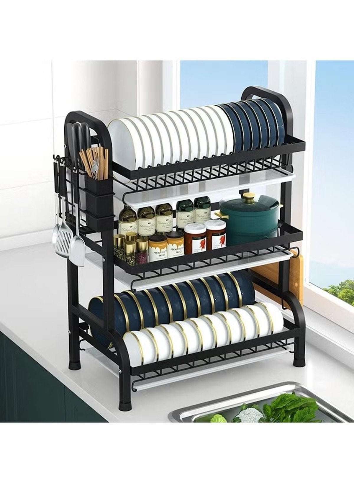 Dual-Layer Carbon Steel Dish Drying Rack with Drain Board & Utensil Holder – Black