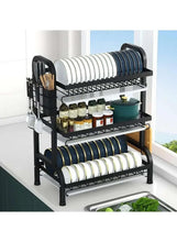 Black dish drying rack with drain board and utensil holder, two-tier plate drying rack