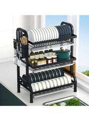 Dual-Layer Carbon Steel Dish Drying Rack with Drain Board & Utensil Holder – Black