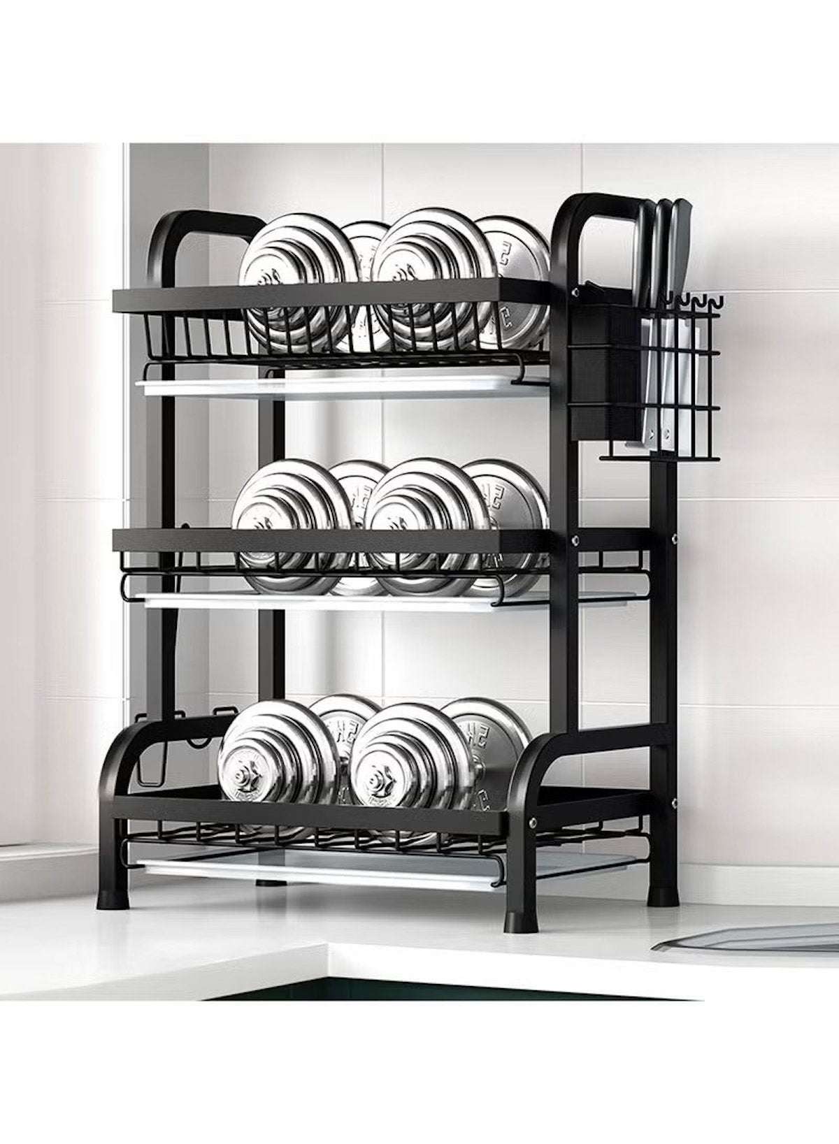 Dual-Layer Carbon Steel Dish Drying Rack with Drain Board & Utensil Holder – Black