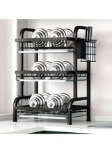Black dish drying rack with three levels for plates and bowls, side utensil caddy