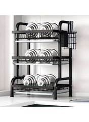 Dual-Layer Carbon Steel Dish Drying Rack with Drain Board & Utensil Holder – Black