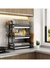 Dual-Layer Carbon Steel Dish Drying Rack with Drain Board & Utensil Holder – Black