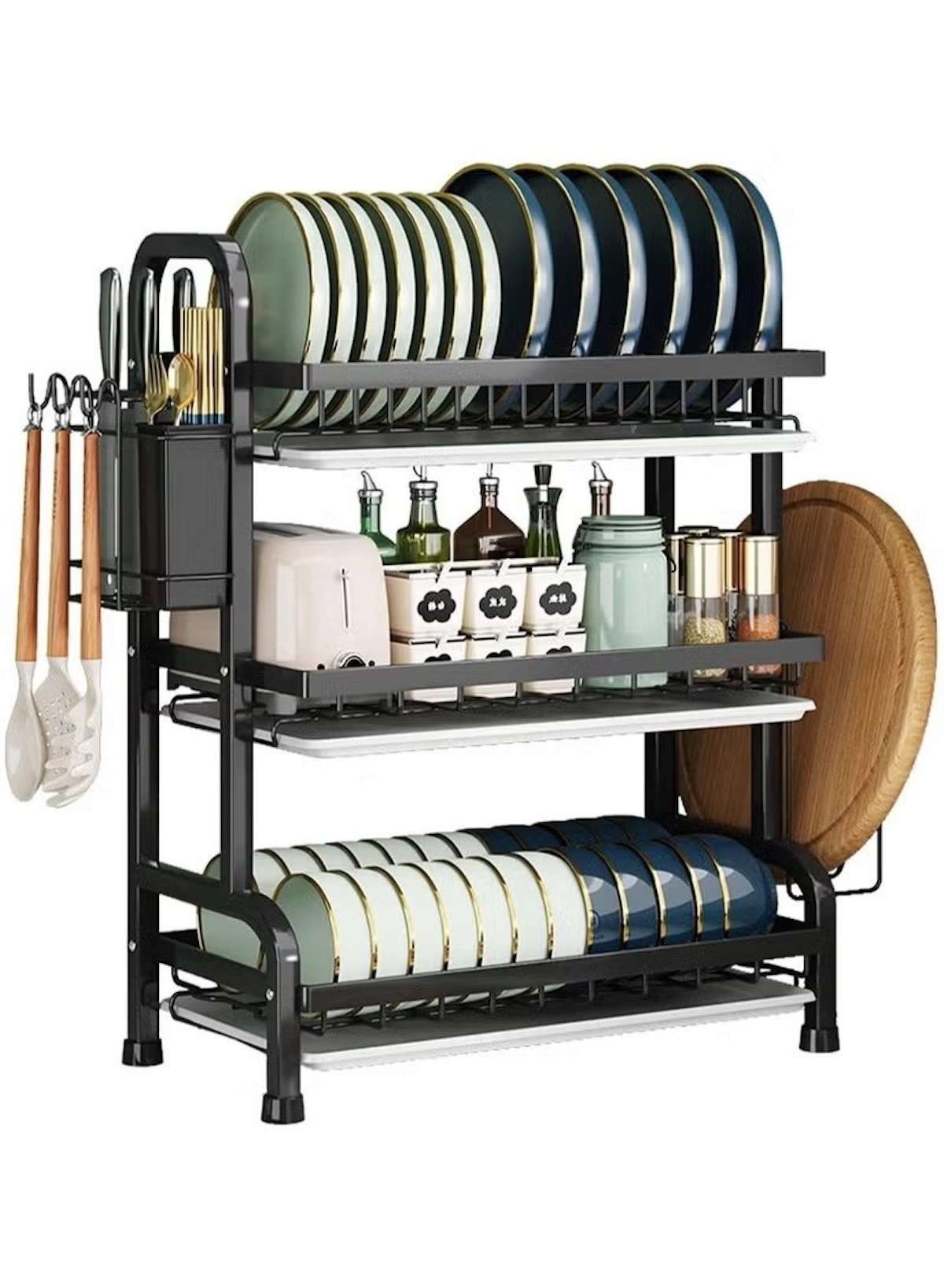 Dual-Layer Carbon Steel Dish Drying Rack with Drain Board & Utensil Holder – Black