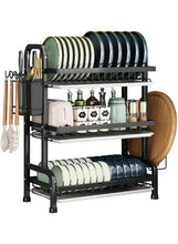 Black dual-layer dish drying rack with drain board, utensil holder, and two plate tiers