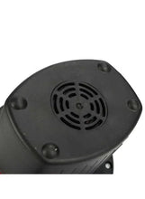 Black air pump base with circular vent grille and four mounting feet