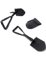 Foldable emergency shovel with black spade blade, folding handle, and storage pouch.