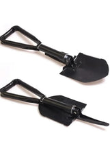 Foldable emergency shovel with black spade blade and folding handle, two angles shown.