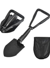 Foldable emergency shovel with black spade blade and folding handle, plus storage pouch.