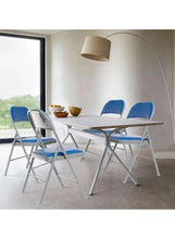 Set of blue folding chairs with leather-style seats and backs, white metal frames