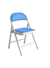 Blue folding chair with leather-style seat and backrest, white metal legs
