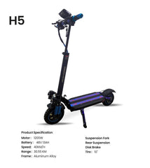 H5 Folding Electric Scooter, 1200W Motor, 48V 13Ah Battery, 50KM/H Max Speed, 30KM Range, 10-Inch Tires, Dual Suspension and Remote Lock with Helmet and Safety Vest