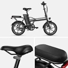 Black folding electric scooter with seat and front wheel, side view.
