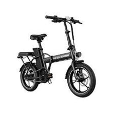 Black folding electric scooter with seat, front suspension fork, and disc brake wheels.