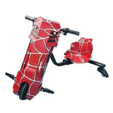 Red electric drift trike with spider-web graphics, front wheel and paired footrests