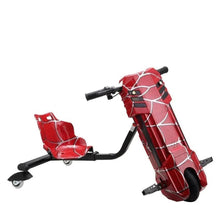 Red electric drift trike with spider-web body, two handlebars, front wheel cover