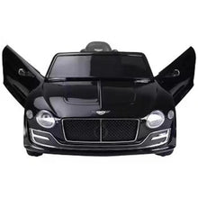 Black kids electric ride-on car front view with open doors and round headlights