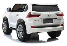 Electric ride-on SUV in white, rubber tires, rear view with tail lights