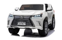 Electric ride-on SUV in white, rubber tires, front LED headlights, sporty grille