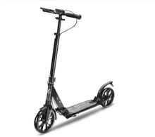 Black kick scooter with front disc brake and dual wheels