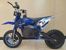 Blue electric dirt bike with number 87 graphic, knobby tires, front suspension