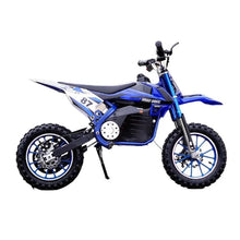Blue kids electric dirt bike with knobby tires, front disc brake, leather seat
