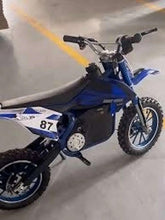 Blue electric dirt bike with side panel 87, knobby tires and black seat