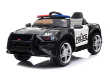 12V ride-on police toy car, black and white, chrome wheels, siren light bar