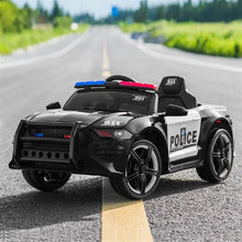 12V ride-on police toy car, black grille, blue siren light bar, chrome wheels
