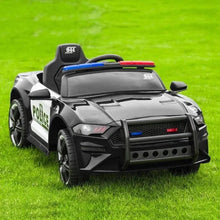 12V ride-on police toy car, black and white body, front lights, siren light bar
