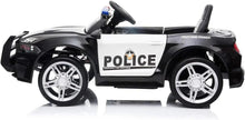 12V ride-on police toy car, black and white, side view, chrome wheels