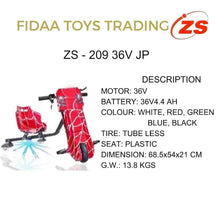 Red electric drift trike with spider-web pattern, plastic seat and wide rear deck