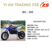 BD-285 electric dirt bike product description sheet with motor, battery, tire, seat info