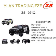 Kids electric police ride-on car, white and black, shown in multiple angles