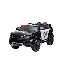 Kids electric police ride-on car, black and white, with light bar and wheels