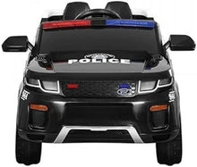 Black kids electric police ride-on car with front grille, headlights, and light bar