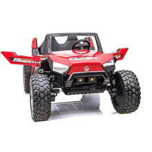 Red/black electric ride-on UTV for kids with steering wheel and front grille
