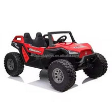 Red/black electric ride-on UTV for kids, side view with black seat and tread tires