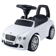 White ride-on push car with black steering wheel, padded seat, and front grille