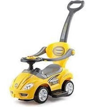 Yellow kids push ride-on car with steering wheel and safety handle