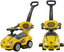 Yellow ZS-381 kids push ride-on car, front and side view with handle