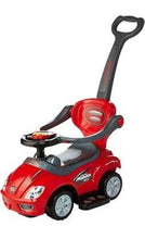 Kids ride-on push car with red body, gray seat, steering wheel console, and front wheels