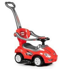 Kids ride-on push car with red body, gray seat, steering handle, and front wheels