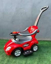 Kids ride-on push car with red body, gray seat, and raised steering handle